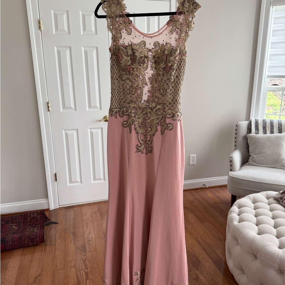 Couture Pink and Gold Embellished Evening Gown